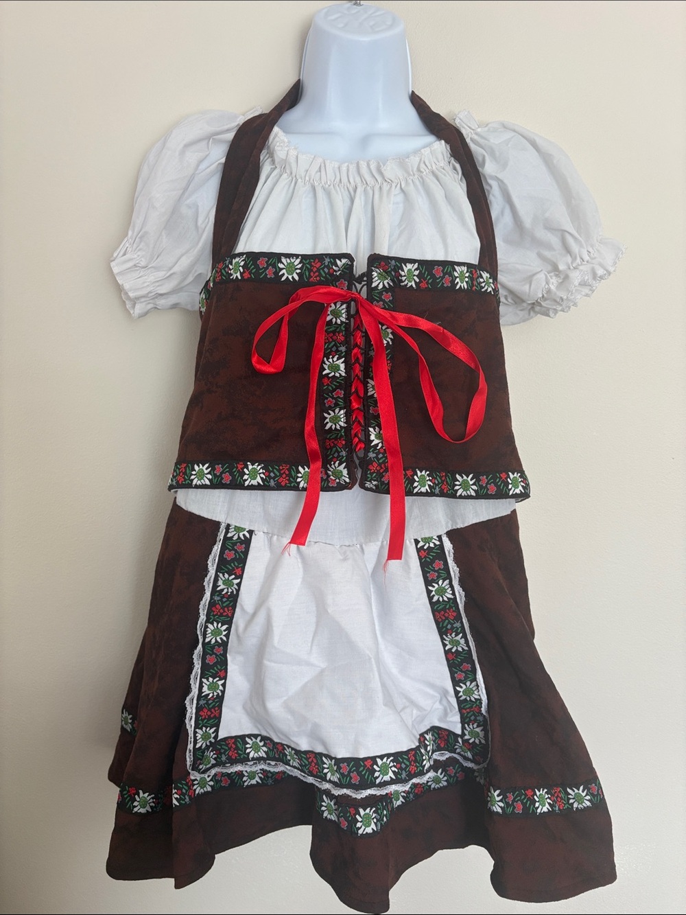 Rubie's Brown and White Women’s Dirndl Costume with Red Ribbon Accents